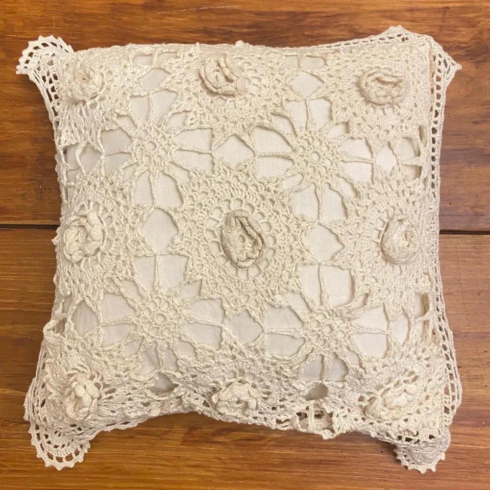 Crochet Lace Throw Pillow Ivory Cottagecore Farmhouse Boho Country Chic 10x10